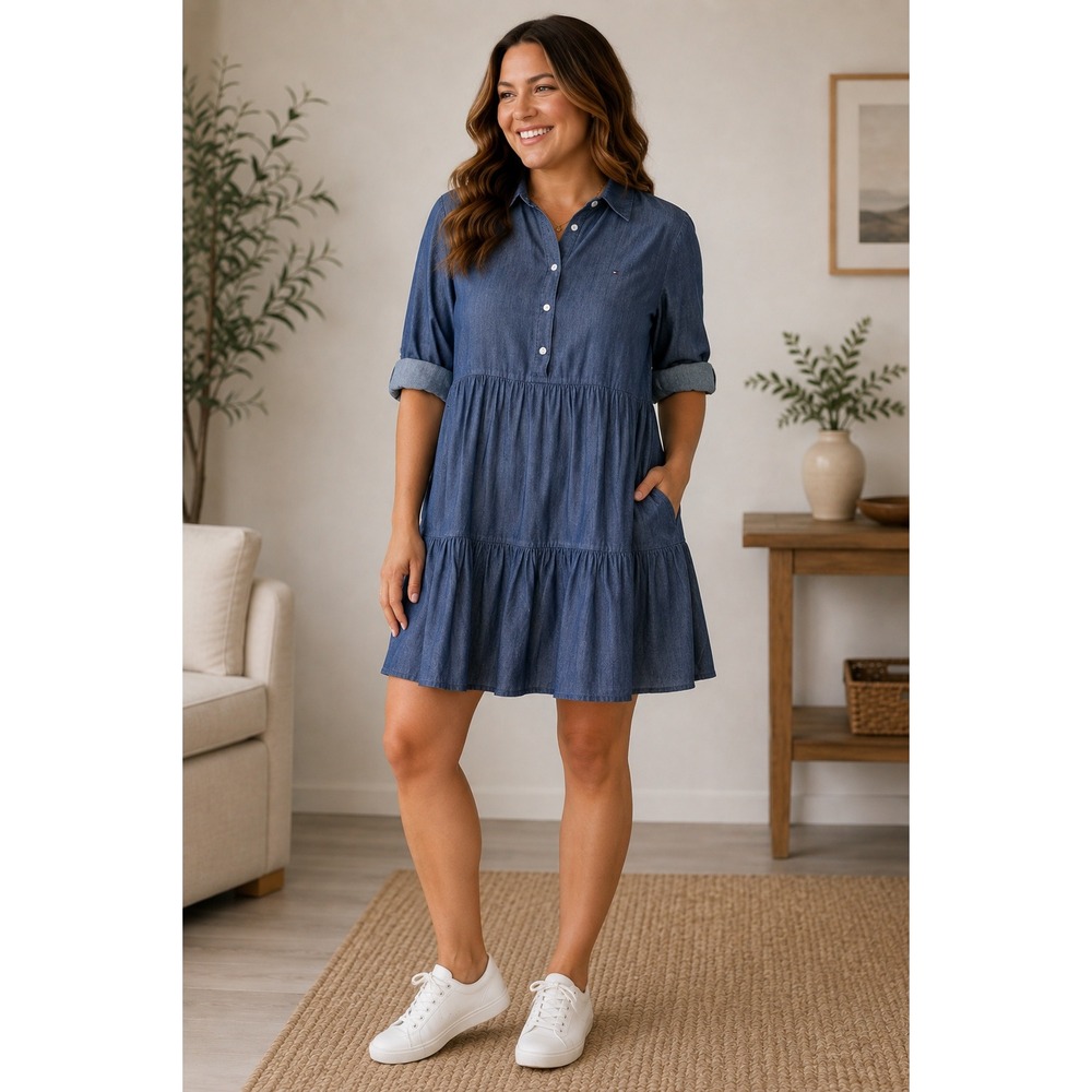 Tommy Hilfiger Shirt Dress Blue Tiered Denim Look Roll Tab Sleeve Preppy 6‎